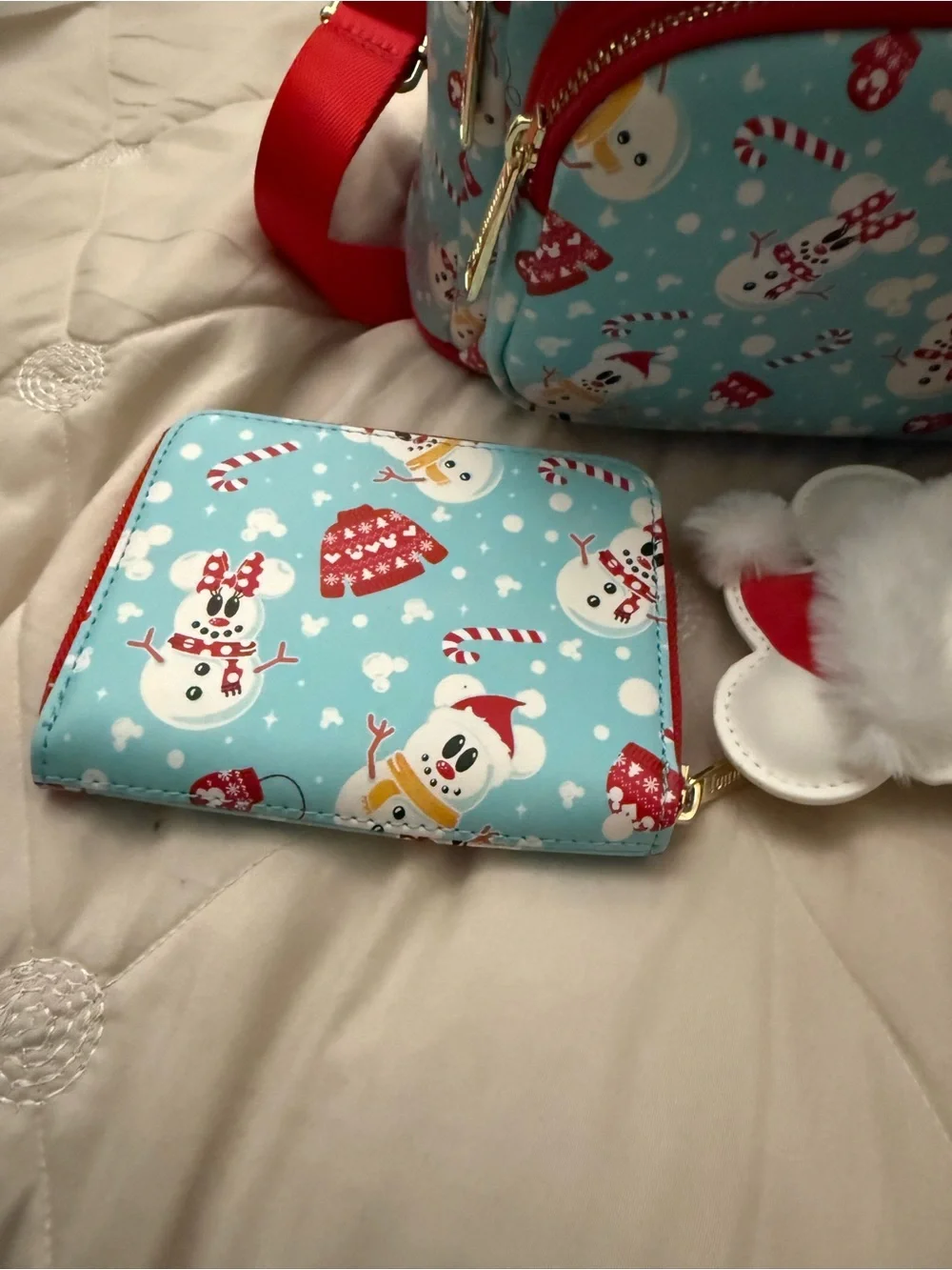Loungefly Kids Light Blue & Red Snowman Print Mini Backpack with Matching Wallet